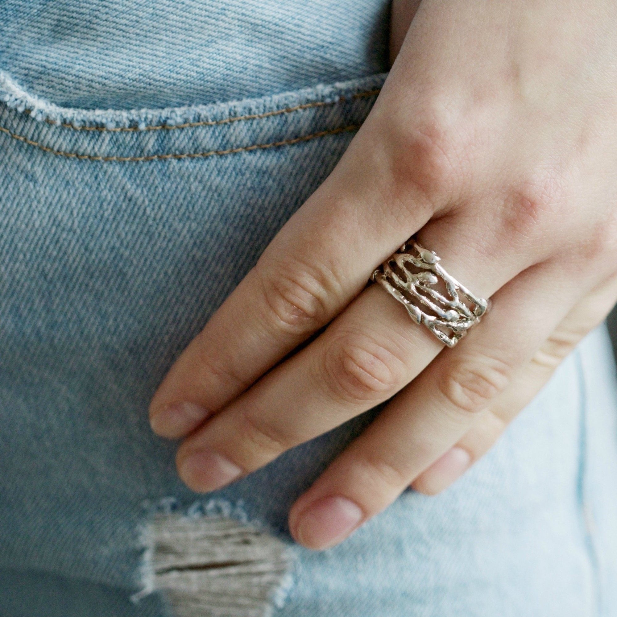 Wide Silver Leaf Ring- SIZES READY TO SHIP