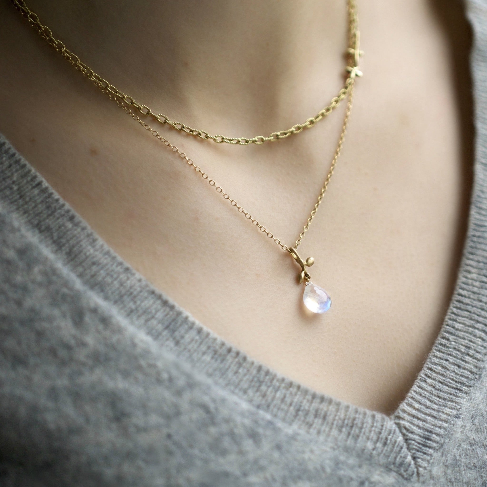 Leaf + Moonstone drop necklace